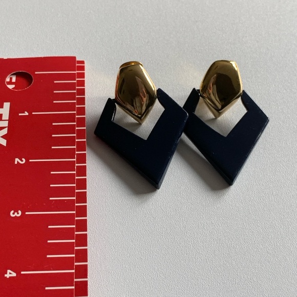 Large vintage statement earrings. Clip on. Navy Blue and Gold - Picture 3 of 4